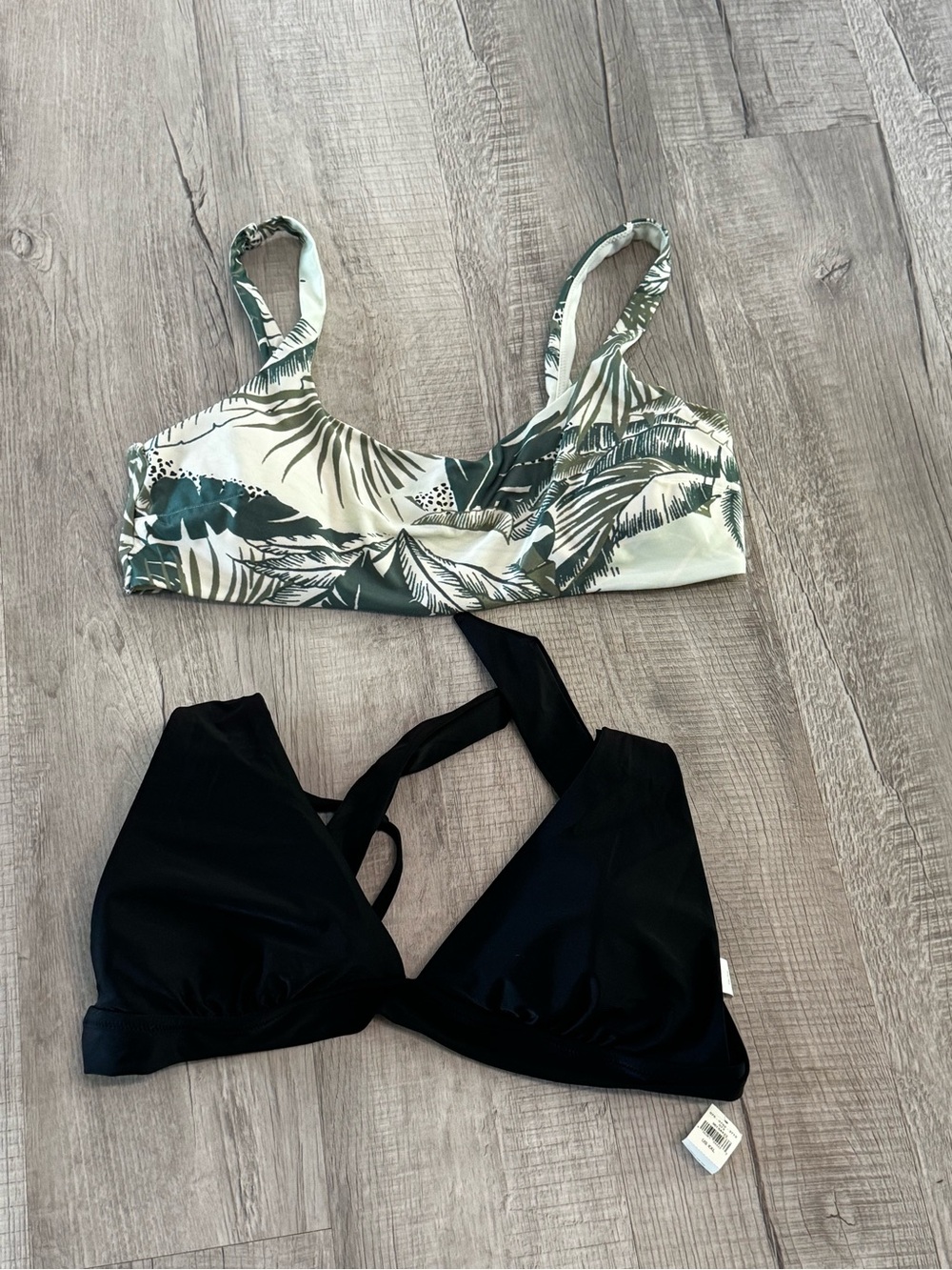 aerie Green Tropical Print Bralette & Black Triangle Bikini Tops Bundle